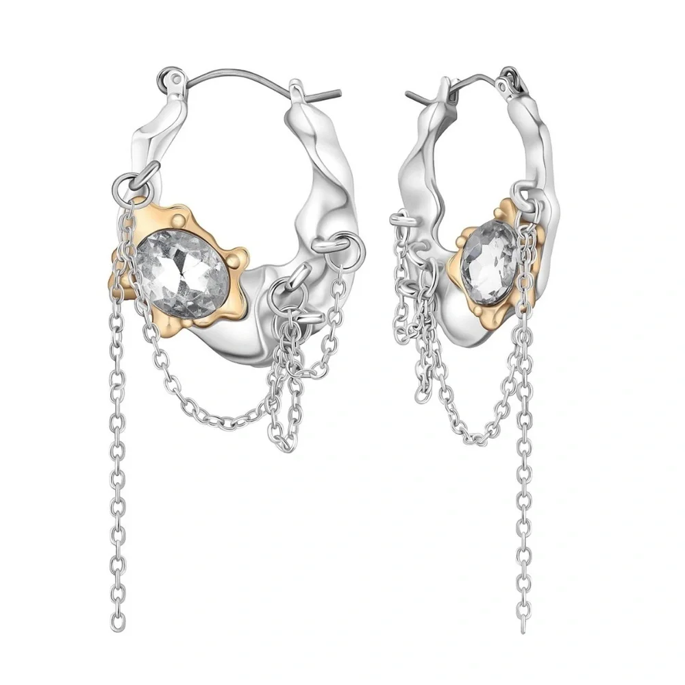 Silver & Gold Hoop Earrings Rhinestone Chain Wrapped Tassel Jewelry Gift NEW